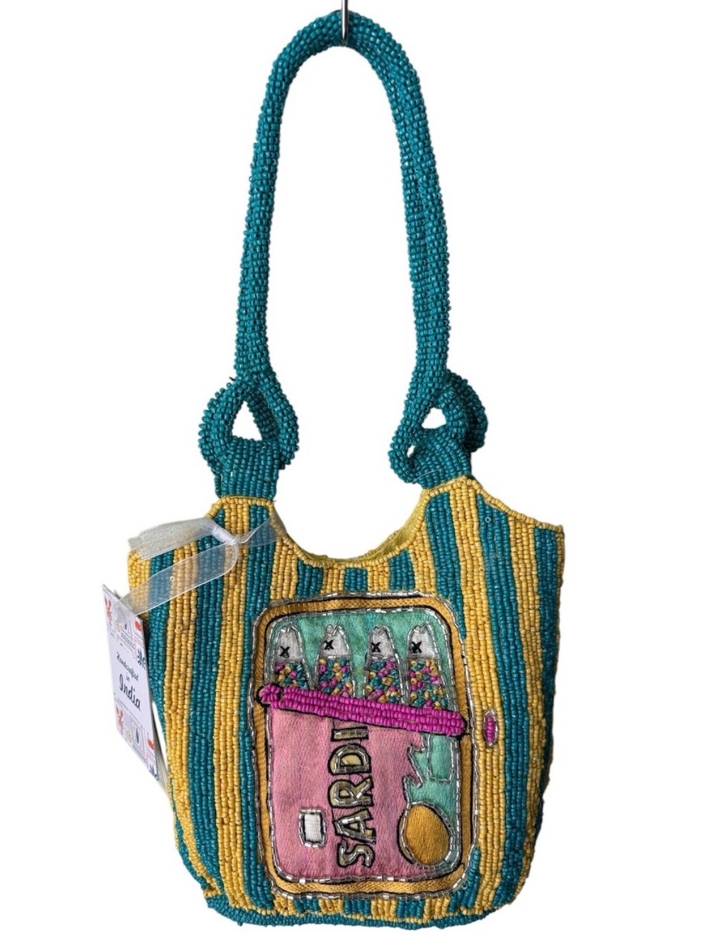 Viral Beaded Pink Sardine Teal & Yellow Shoulder Bag